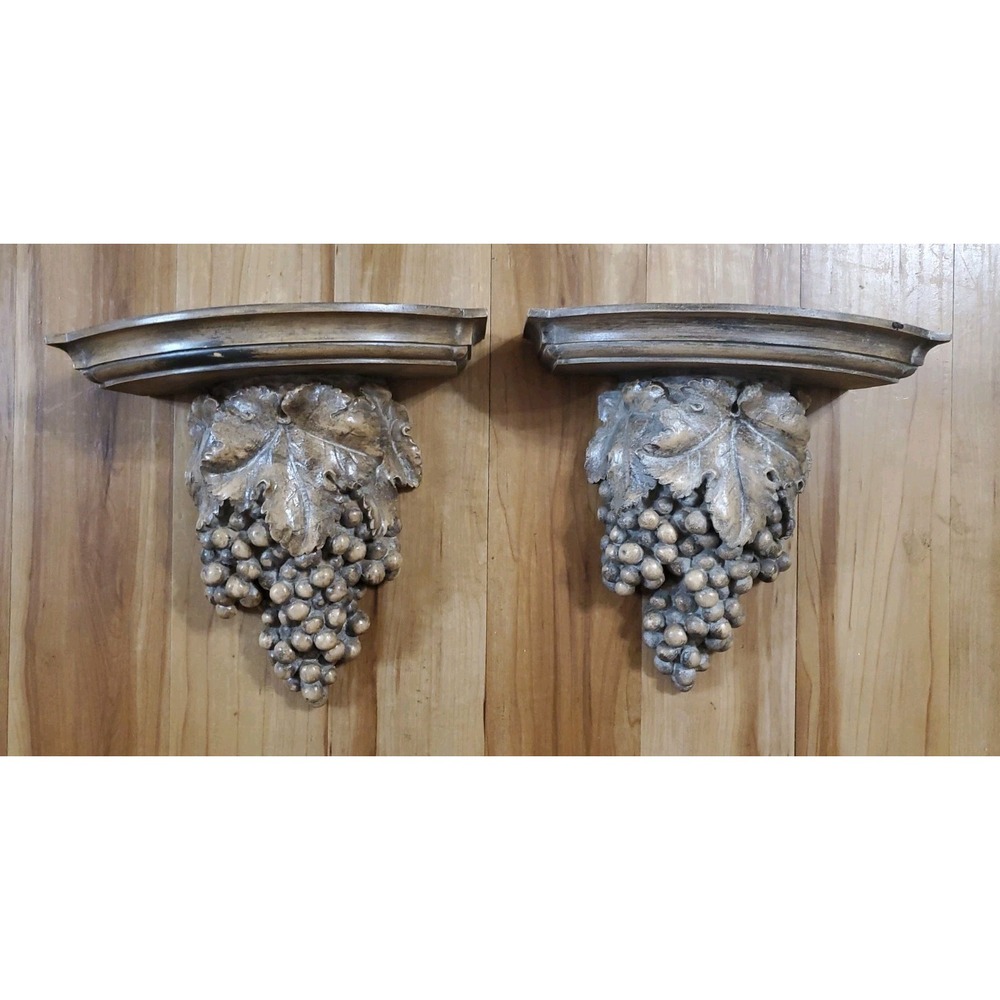 Vintage Tuscan Grape Cluster Wall Sconce Shelves Pair Resin Corbels